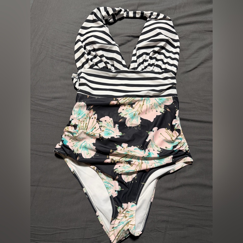 Striped and Floral One-Piece Swimsuit